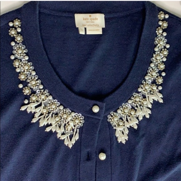 Kate Spade Navy Pearl Embellished Cardigan sweater small women’s top - Picture 3 of 8